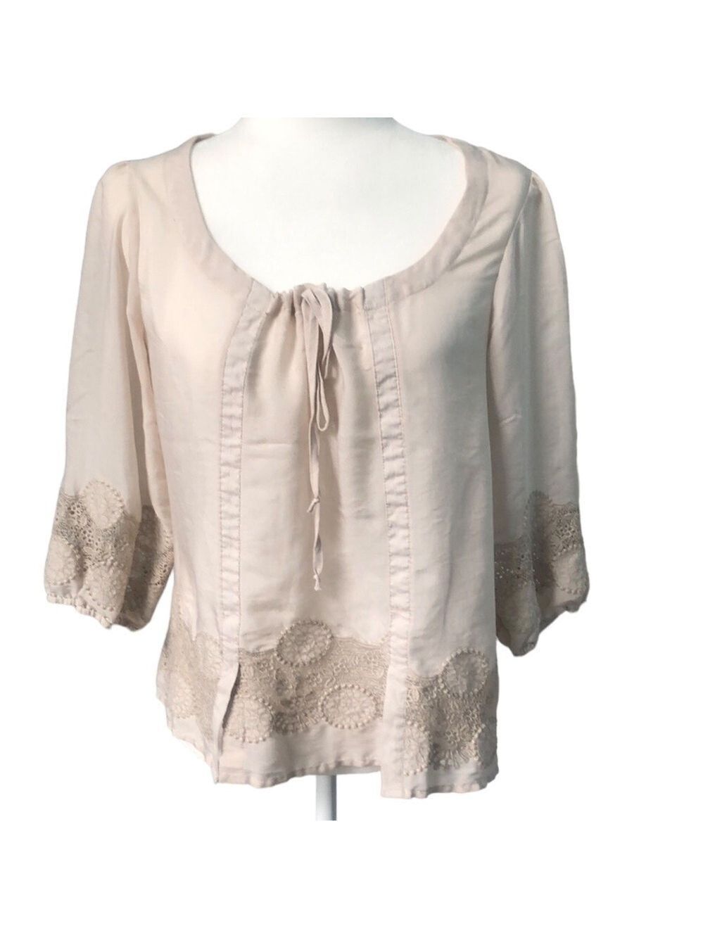 Love Stitch Boho Crochet Embroidery Peasant Top in Ivory White Size Medium